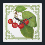 Relógio Quadrado Art Deco Cherry Square Wall Clock<br><div class="desc">Ilustração de Fruta de Cereja Vermelha Vintage com Folhas e Borda de Deco de Arte Verde.</div>