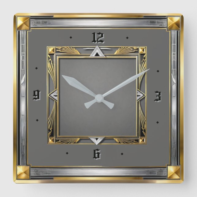 Relógio Quadrado Art Deco Cinza (Frente)