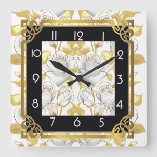 Relógio Quadrado Art Deco com rosas ouros