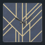 Relógio Quadrado Art Deco design<br><div class="desc">Abstrato geométrica design no estilo Art Deco com decoração de linhas de ouro sobre fundo azul de marinho verde</div>