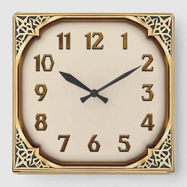 Relógio Quadrado Art Deco Dourado (Frente)