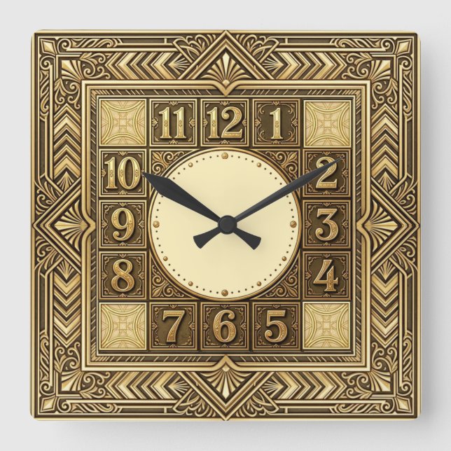 Relógio Quadrado Art Deco Dourado (Frente)
