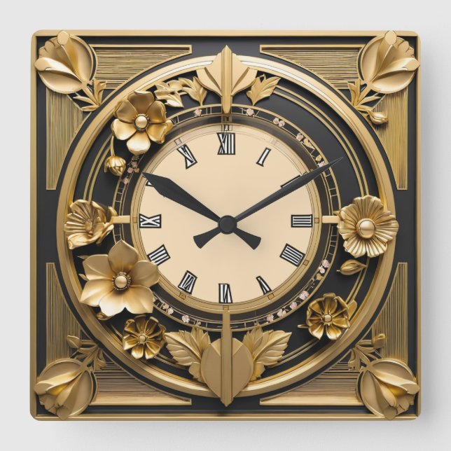 Relógio Quadrado Art Deco Dourado (Frente)