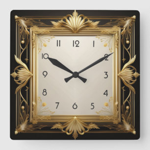 Relógio Quadrado Art Deco Dourado