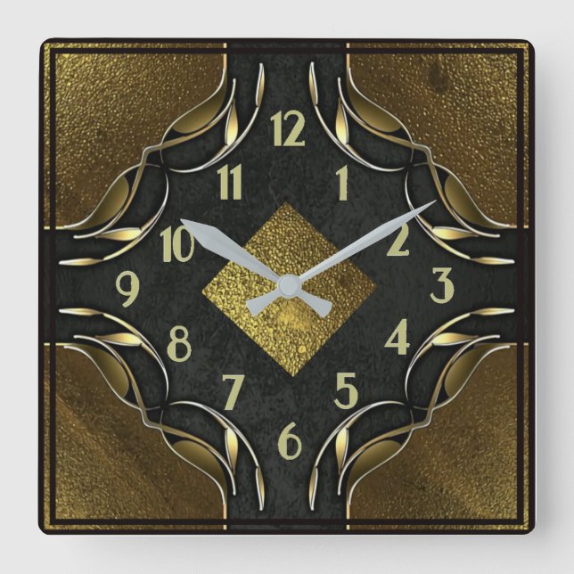 Relógio Quadrado Art Deco Dourado (Frente)