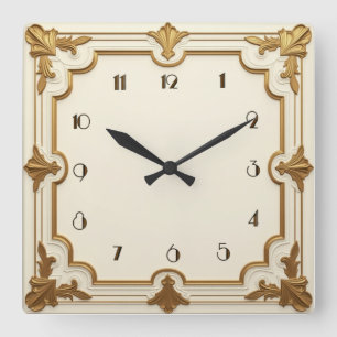 Relógio Quadrado Art Deco Dourado e branco