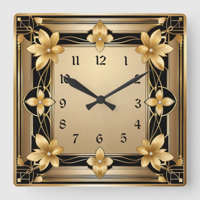 Relógio Quadrado Art Deco Dourado Flor (Frente)