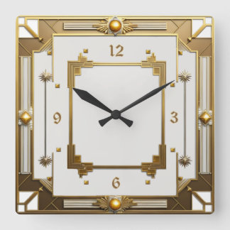 Relógio Quadrado Art Deco Elegante Branco e Dourado