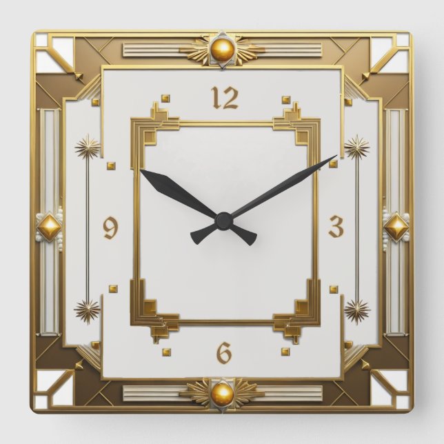 Relógio Quadrado Art Deco Elegante Branco e Dourado (Frente)