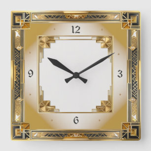 Relógio Quadrado Art Deco Elegante Dourado
