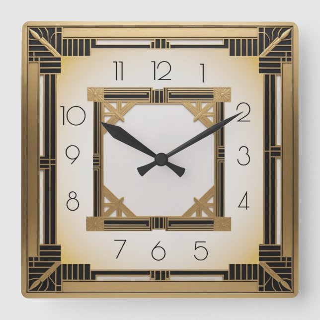 Relógio Quadrado Art Deco Elegante Dourado (Frente)