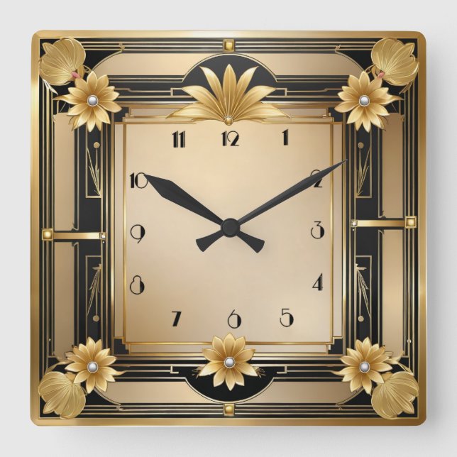 Relógio Quadrado Art Deco Elegante Dourado (Frente)