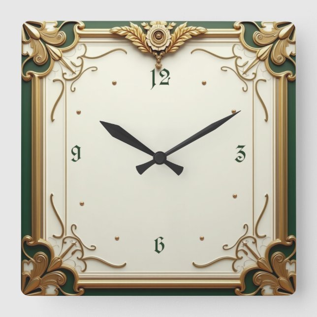 Relógio Quadrado Art Deco Elegante Verde (Frente)