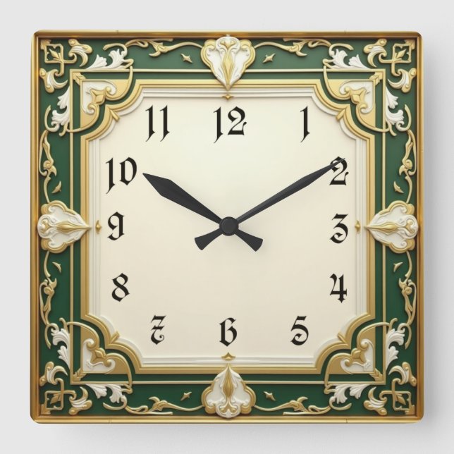 Relógio Quadrado Art Deco Elegante Verde (Frente)