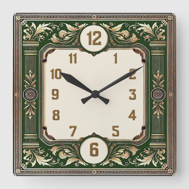 Relógio Quadrado Art Deco Elegante Verde (Frente)