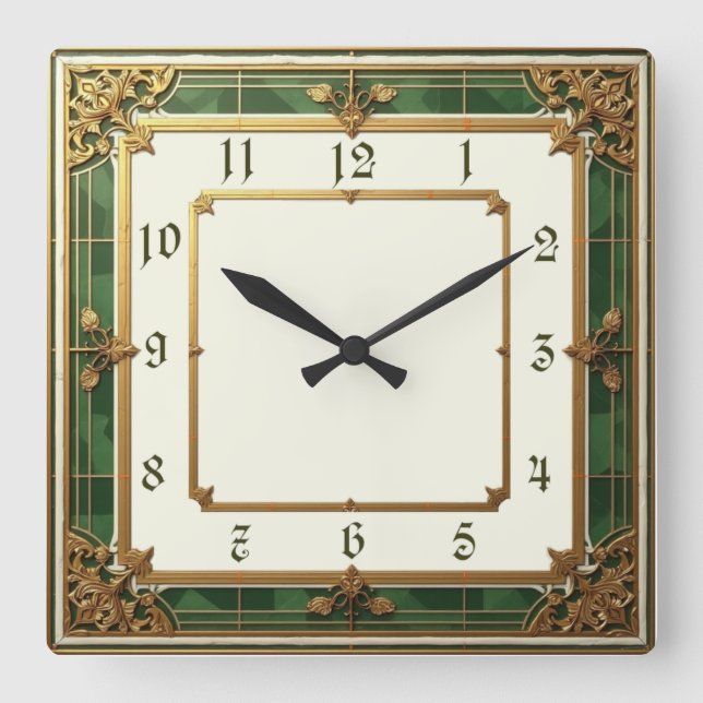 Relógio Quadrado Art Deco Elegante Verde (Frente)