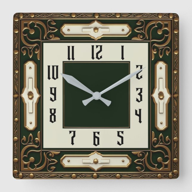 Relógio Quadrado Art Deco Elegante Verde (Frente)