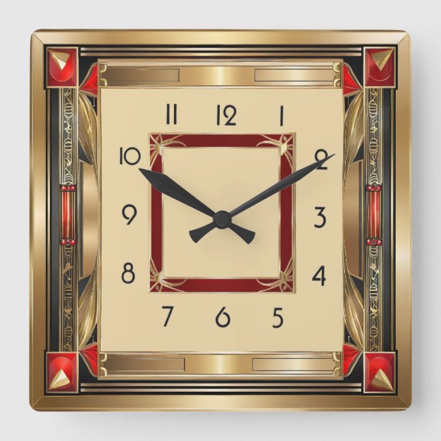 Relógio Quadrado Art Deco elegante vermelho e ouro (Frente)