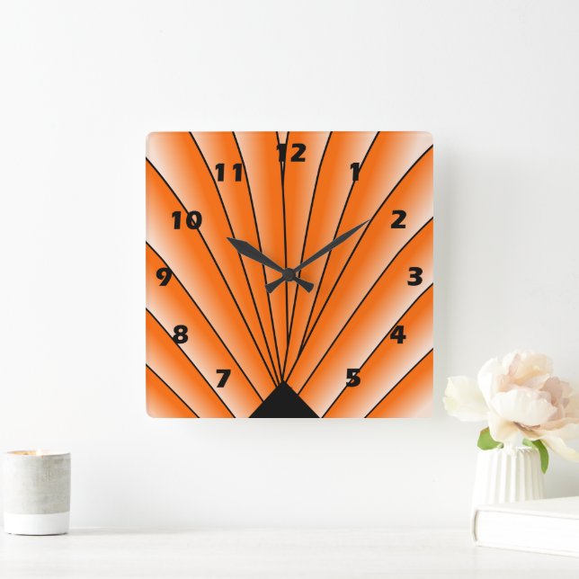 Relógio Quadrado Art Deco Fan Design Orange Square Wall Clock (Lar)