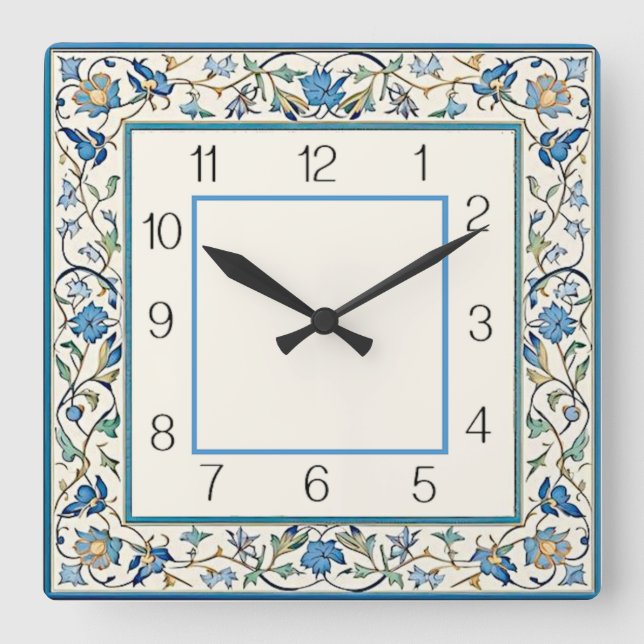 Relógio Quadrado Art Deco Flor Azul (Frente)