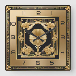 Relógio Quadrado Art Deco - flor dourada