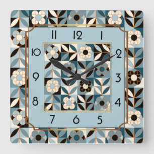Relógio Quadrado Art Deco flores azuis