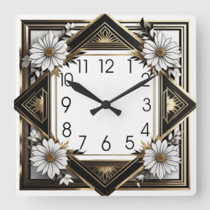 Relógio Quadrado Art Deco - flores brancas