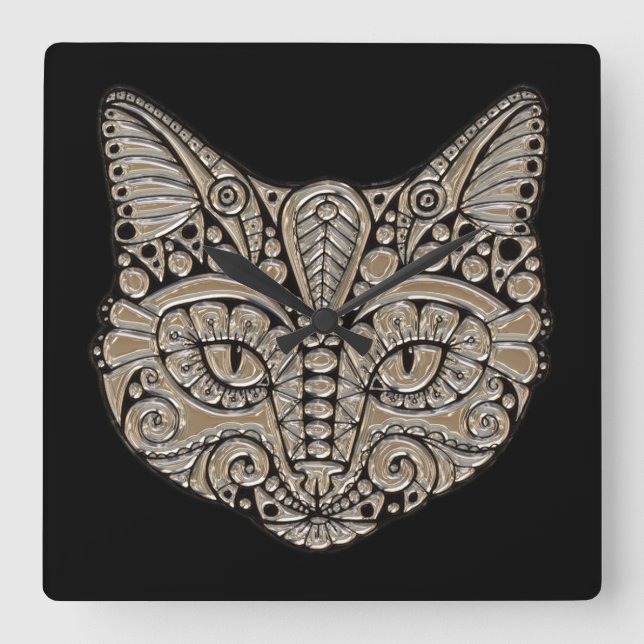 Relógio Quadrado Art deco gold e black Egypt style cat (Frente)