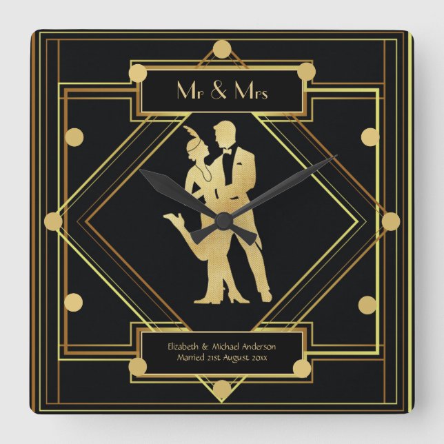 Relógio Quadrado Art Deco Newlyweds Casal Preto Dourado Personaliza (Frente)