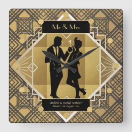 Relógio Quadrado Art Deco Newlyweds Casal Preto Dourado Personaliza