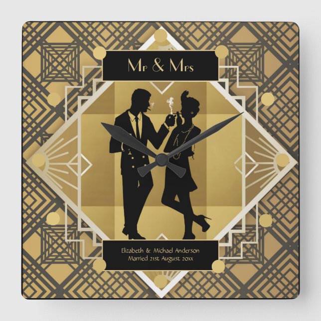 Relógio Quadrado Art Deco Newlyweds Casal Preto Dourado Personaliza (Frente)