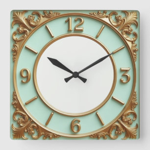 Relógio Quadrado Art Deco Ouro e Menta