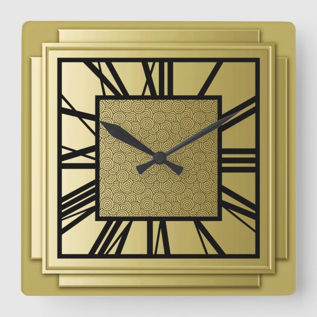 Relógio Quadrado Art Deco, ouro escovado (Frente)