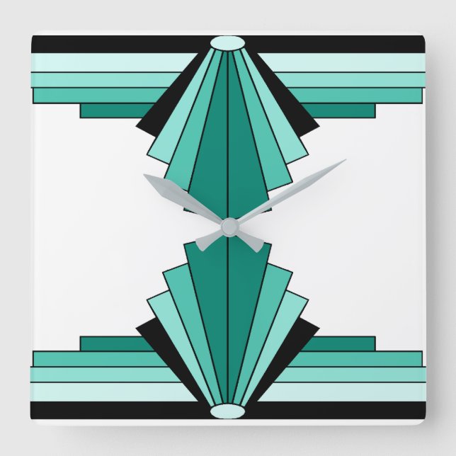 Relógio Quadrado Art Deco Patterno em Verdes e Preto (Frente)