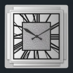 Relógio Quadrado Art Deco, prata escovada<br><div class="desc">Art Deco,  prata escovada,  relógio de efeito 3 d com números pretos - gráficos digitais</div>