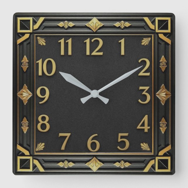 Relógio Quadrado Art Deco Preto e Dourado (Frente)
