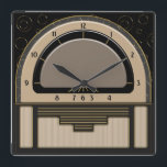 Relógio Quadrado Art Deco Radiola (Latte, Greige, Preto, Dourado)<br><div class="desc">A pintura digital original neste relógio legal foi inspirada tanto por um design de rádio Art Deco de 1930 como por um relógio de vidro popular, a Hora do Ouro Franklin. Usando várias técnicas de sombreamento para sugerir um relógio Bakelite 3D com uma borda de vidro externa amarrada em ouro...</div>