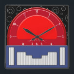 Relógio Quadrado Art Deco Radiola (Red, White, Blue and Black)<br><div class="desc">The original digital painting on this cool clock was inspired by a 1930's Art Deco radio design. Using various shading techniques to suggest a 3-D Bakelite clock set against a black wallpaper with wiry thin white circle pattern, this wall clock is sure to collect comments and praise for your good...</div>
