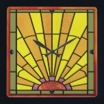 Relógio Quadrado Art Deco StainGlass 3<br><div class="desc">Relógio de parede acrílica de 10, 75 pol. x 10, 75 pol. com uma imagem de vidro manchado por Art Deco de um nascer do sol. As órbitas pretas marcam as 12,  3,  6 e 9 posições. Veja toda a coleção Roaring 20s Clock no DECOR | Seção Relógios.</div>