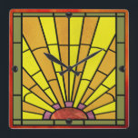 Relógio Quadrado Art Deco StainGlass 3<br><div class="desc">Relógio de parede acrílica de 10, 75 pol. x 10, 75 pol. com uma imagem de vidro manchado por Art Deco de um nascer do sol. As órbitas pretas marcam as 12,  3,  6 e 9 posições. Veja toda a coleção Roaring 20s Clock no DECOR | Seção Relógios.</div>