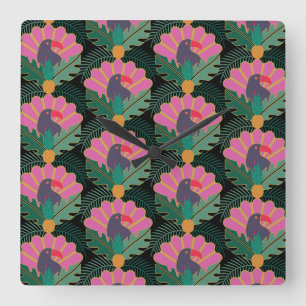 Relógio Quadrado Art Deco Toucans Tropicais e Ananás