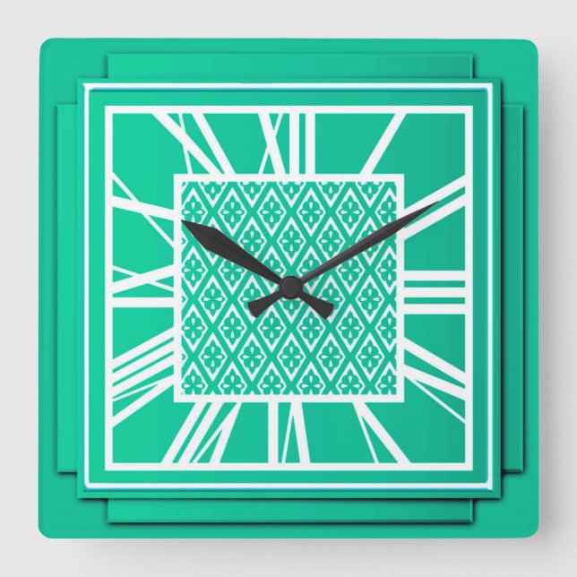 Relógio Quadrado Art Deco, turquesa / pavão (Frente)