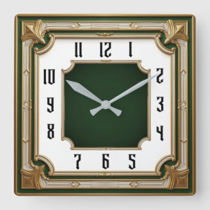 Relógio Quadrado Art Déco Verde Elegante