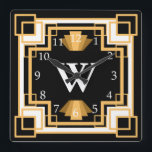 Relógio Quadrado Art Deco Vintage 1920 Geométrico Personalizado<br><div class="desc">Vintage estilada com estilo geométrico estilo geométrico deco clock em tons de ouro e preto com cor de fundo personalizada e letra monográfica.</div>