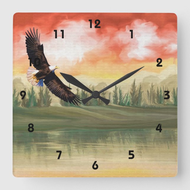 Relógio Quadrado Art Eagle Soaring Lake Wall Clock (Frente)