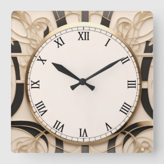 Relógio Quadrado Art Nouveau Art Deco Clock - Preto Branco e Dourad