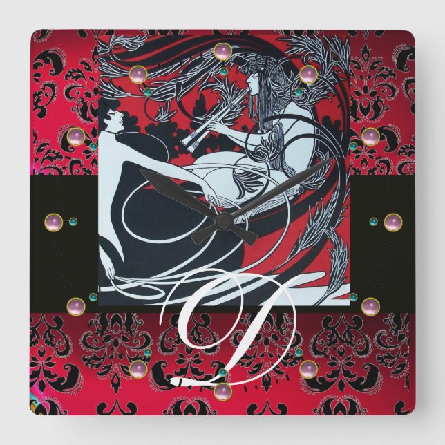 Relógio Quadrado ART NOUVEAU FAUN Red Burgundy, Black Damask (Frente)