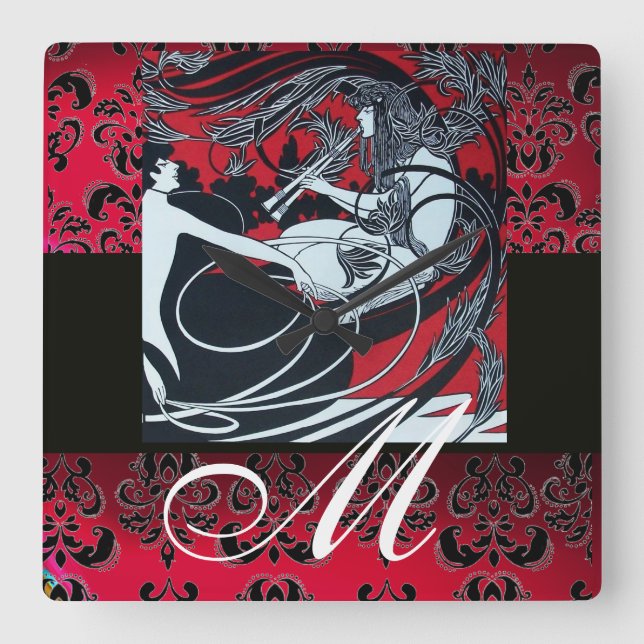 Relógio Quadrado ART NOUVEAU FAUN Red Burgundy, Black Damask (Frente)