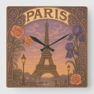 Relógio Quadrado Art Nouveau Paris Eifel Tower Floral