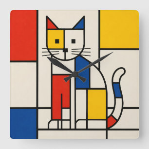 Relógio Quadrado Arte Abstrata de Gato Geométrico Estilo Mondrian P